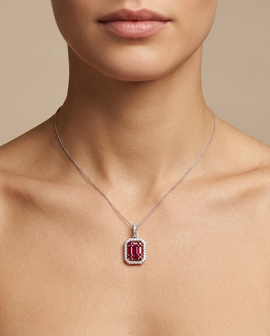 18KT Gold Diamond and Ruby Pendent on model