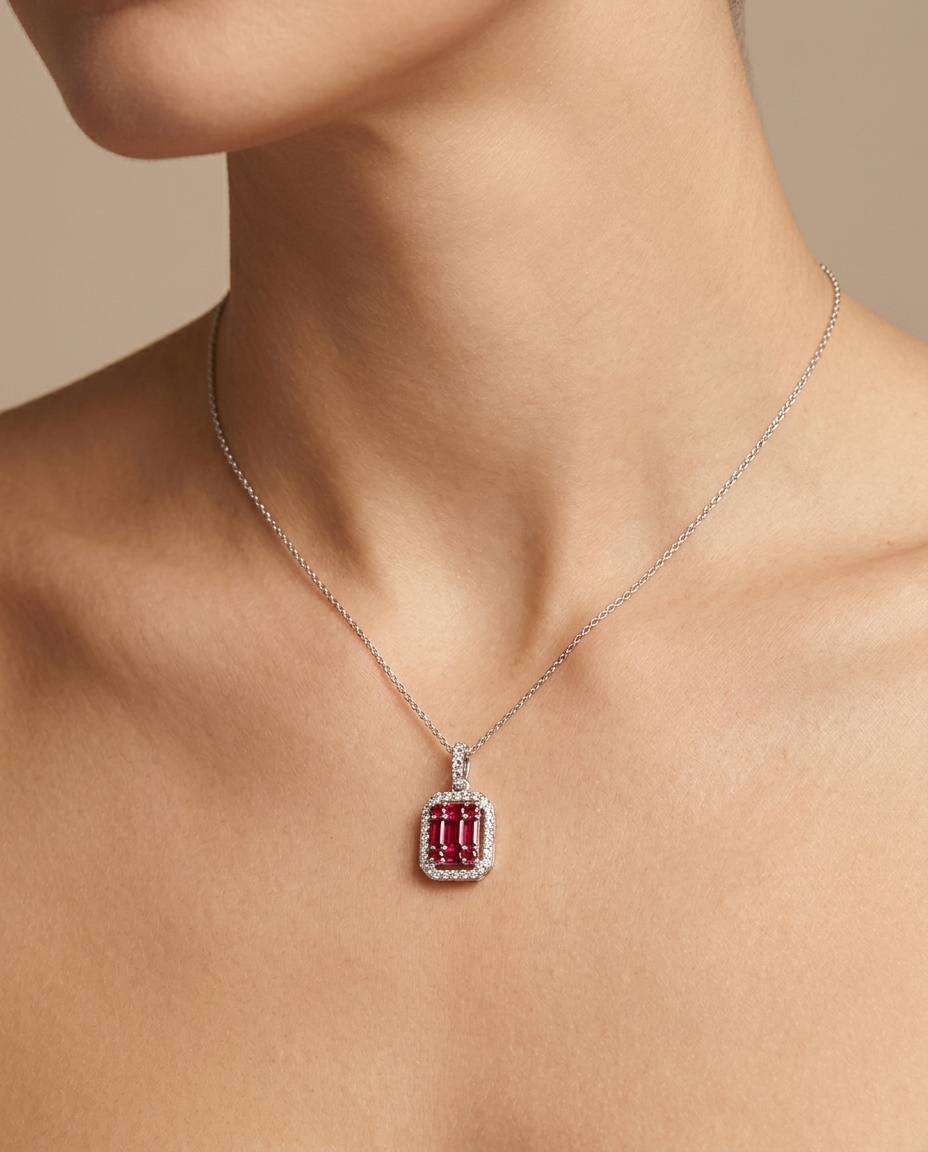 18KT Gold Diamond and Ruby Pendent on model