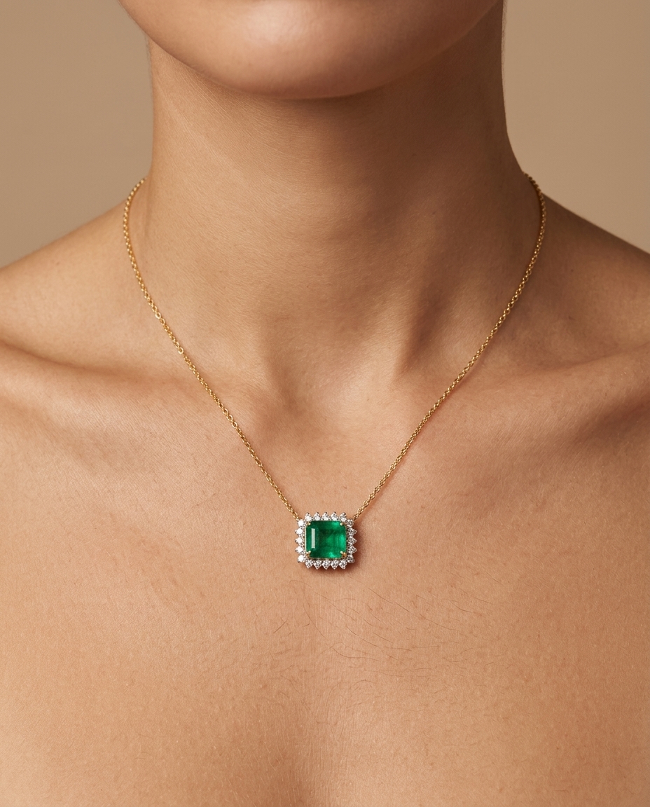 18KT Yellow Gold Emerald and Diamond Necklace on model