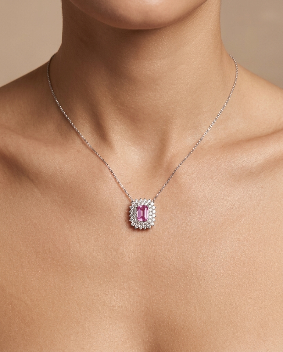 18KT White Gold Diamond and Pink Sapphire Pendent on model