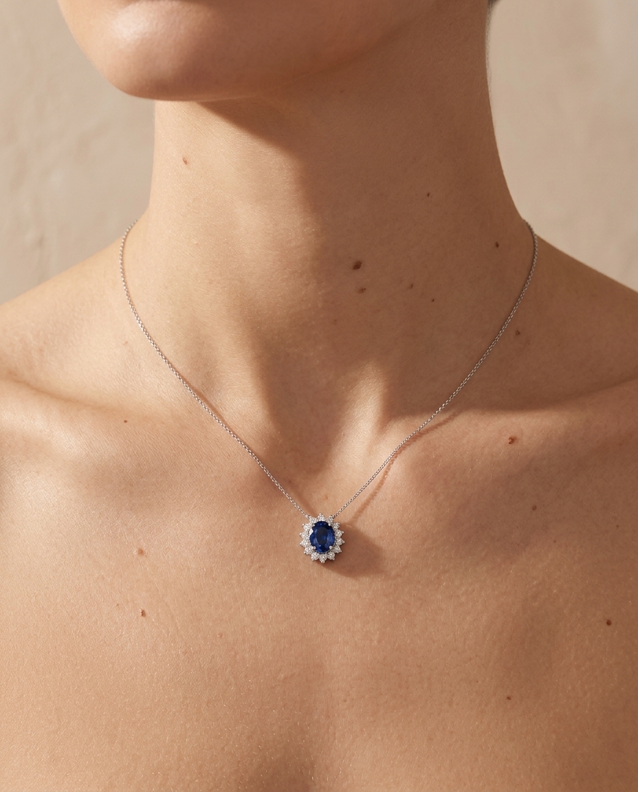 18KT White Gold Diamond and Sapphire Pendent on model