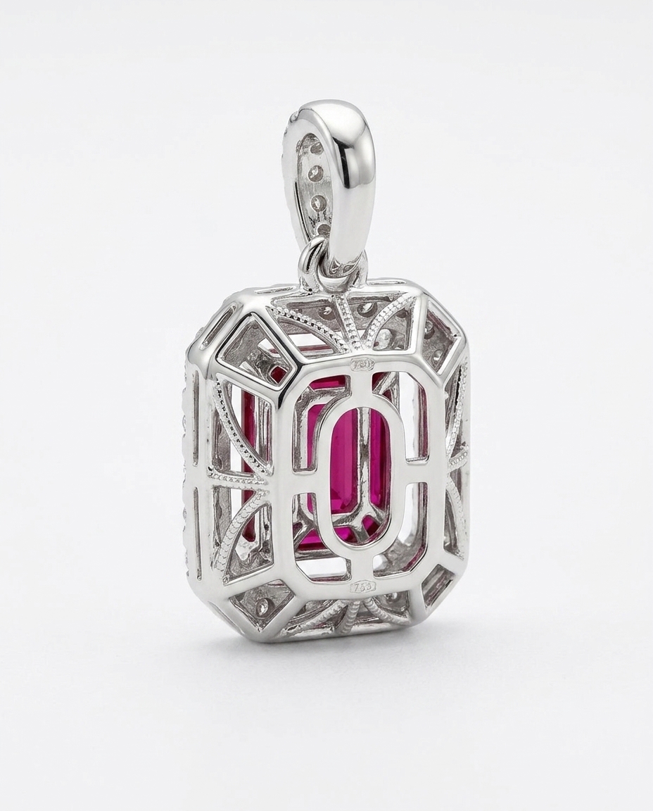 18KT White Gold Diamond and Ruby Pendent on model