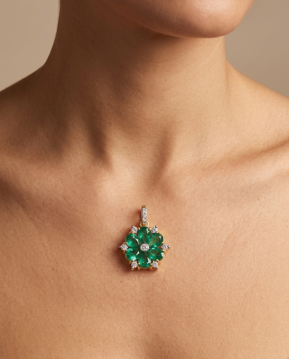 18KT Gold Diamond and Emerald Flower Pendent on model