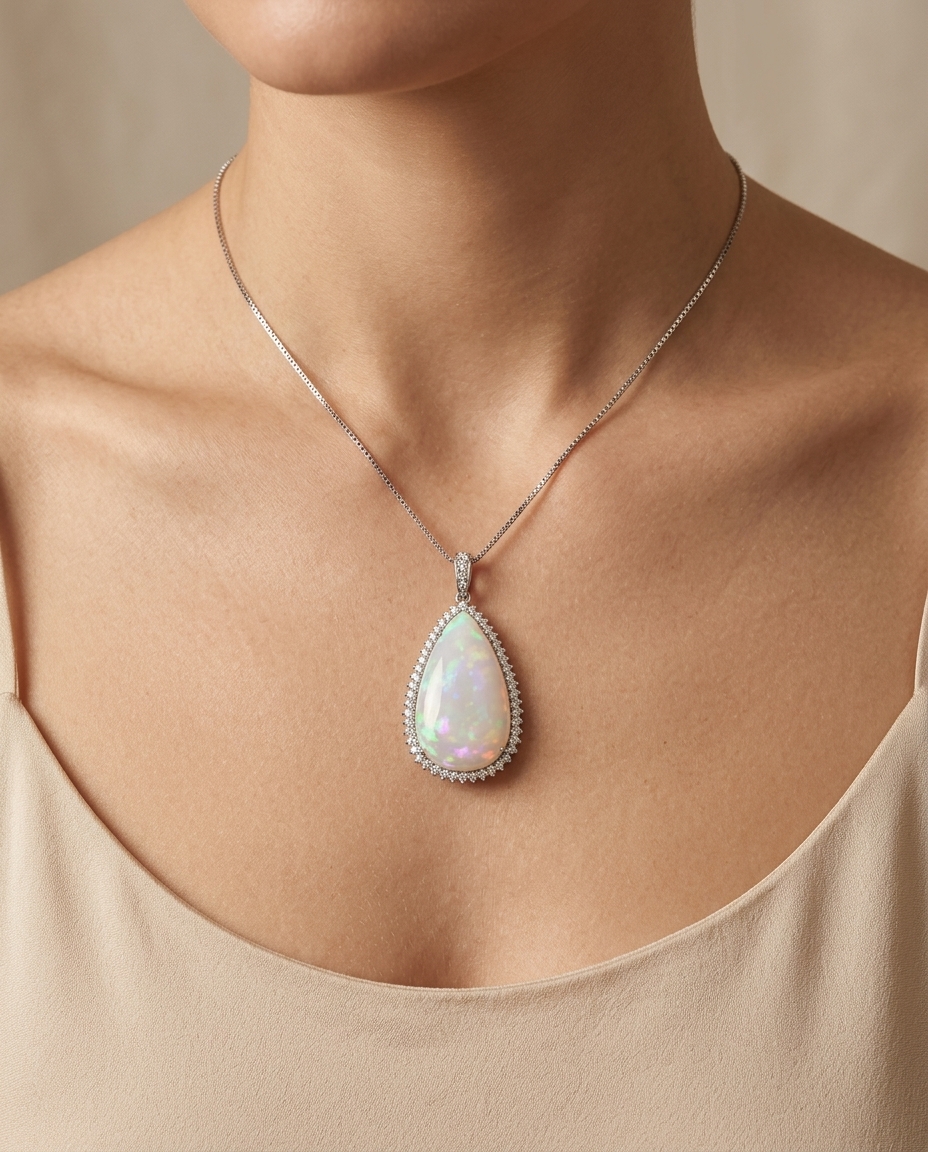 14KT White Gold Opal Pendant with Diamonds on model