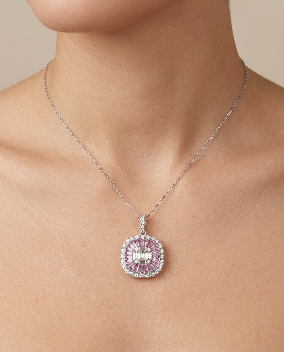 14KT White Gold Pink Sapphire and Diamonds Pendant on model