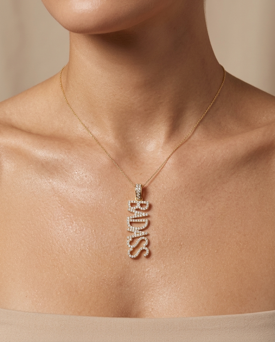 14KT Yellow Gold Badass Pendant with Diamonds on model