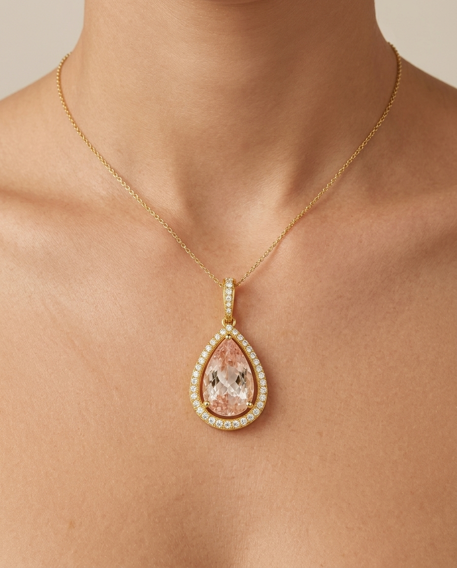 14KT Yellow Gold Morganite and Diamond Pendent on model