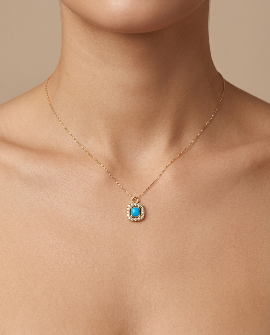 14KT Gold Turquoise Cushion Pendent 4MM on model