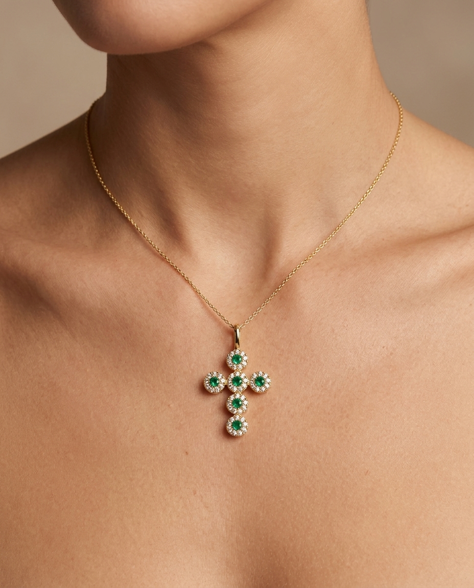 14KT Yellow Gold Emerald and Diamonds Cross Pendant on model