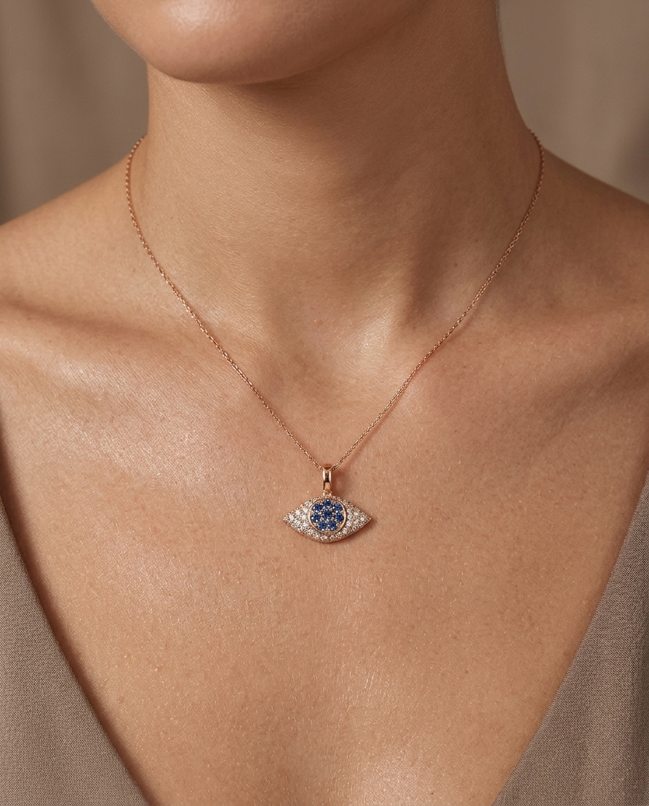 14KT Gold Evil Eye Blue Diamond Pendant with Diamonds on model