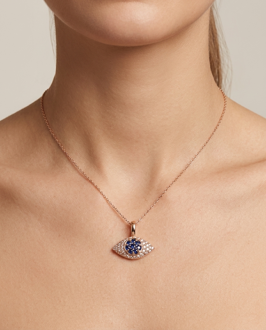 18KT Gold Evil Eye Blue Sapphire Pendant with Diamonds on model
