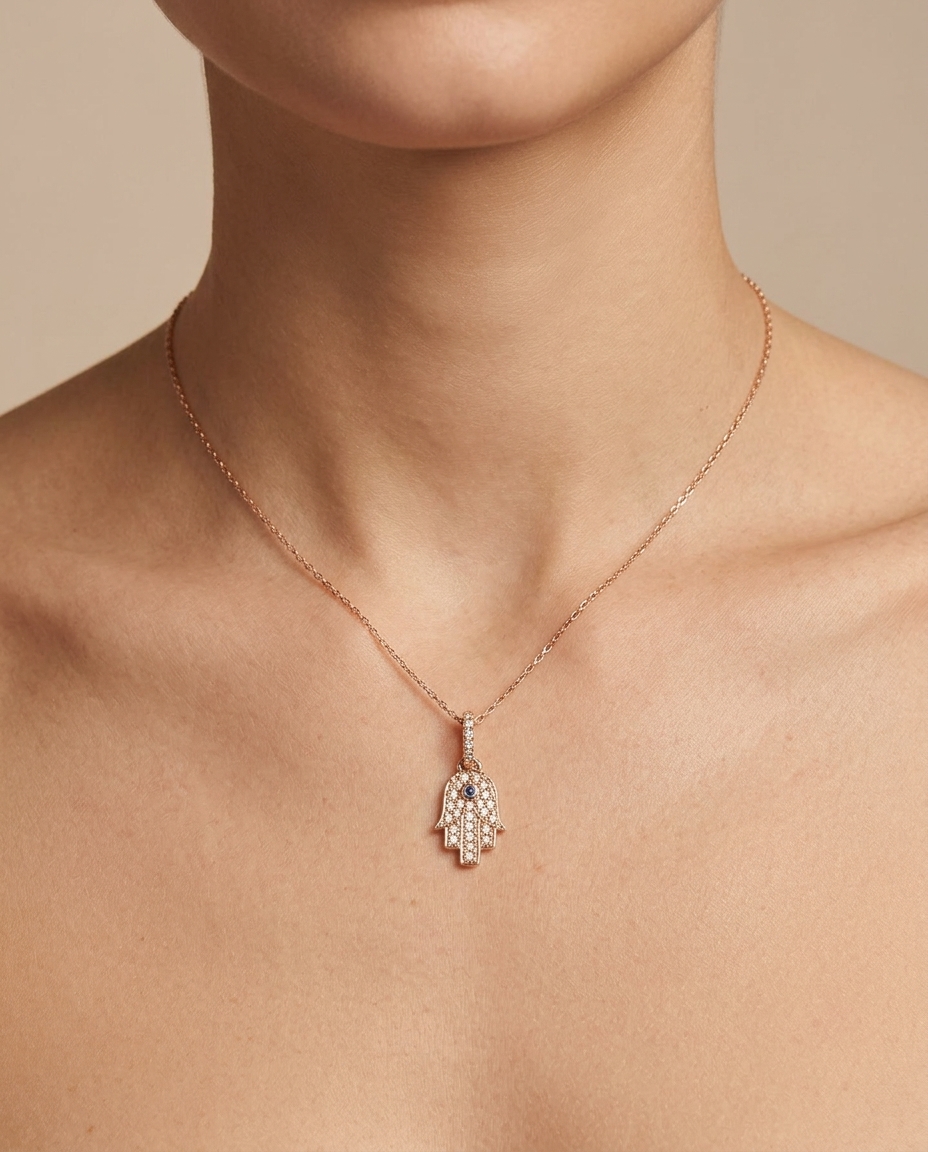 18KT Gold Hamsa Diamond Pendant on model
