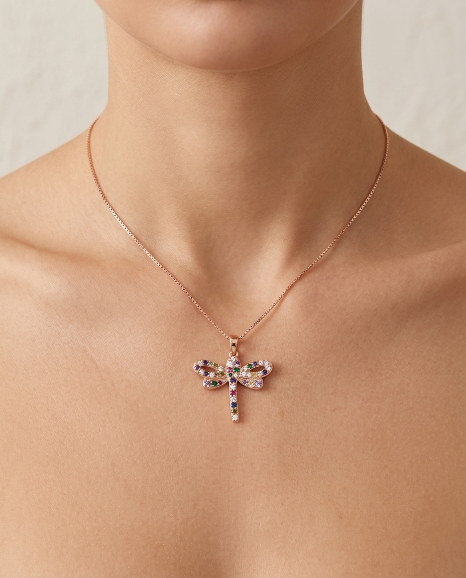 18KT Gold Dragonfly Diamond Pendant on model