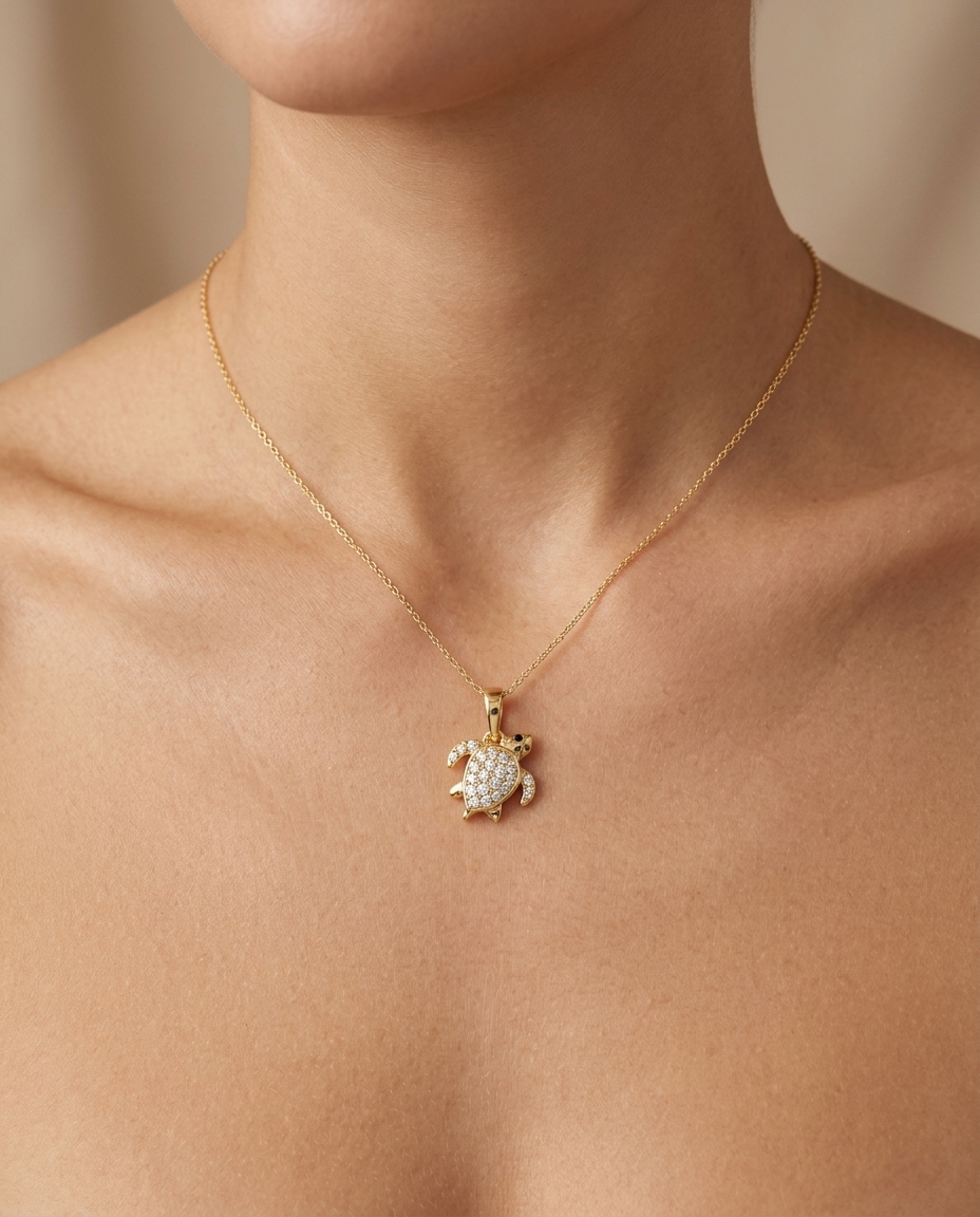 18KT Gold Turtle Pendant with Diamonds on model