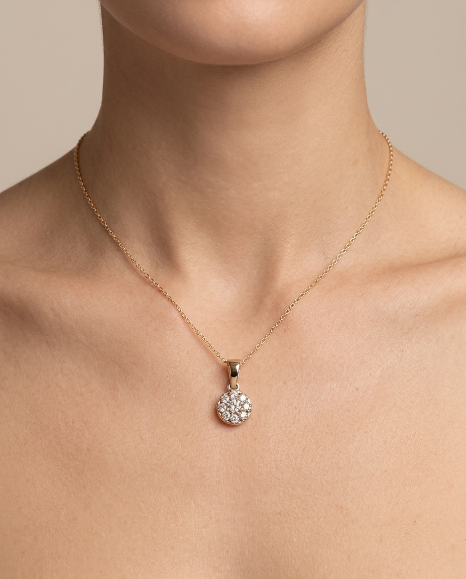 18KT Gold Diamond Circle Pendant on model