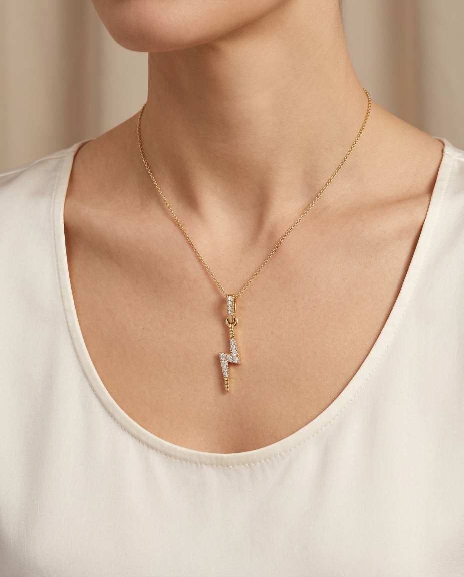 18K Gold Diamond Lightning Bolt Pendant on model