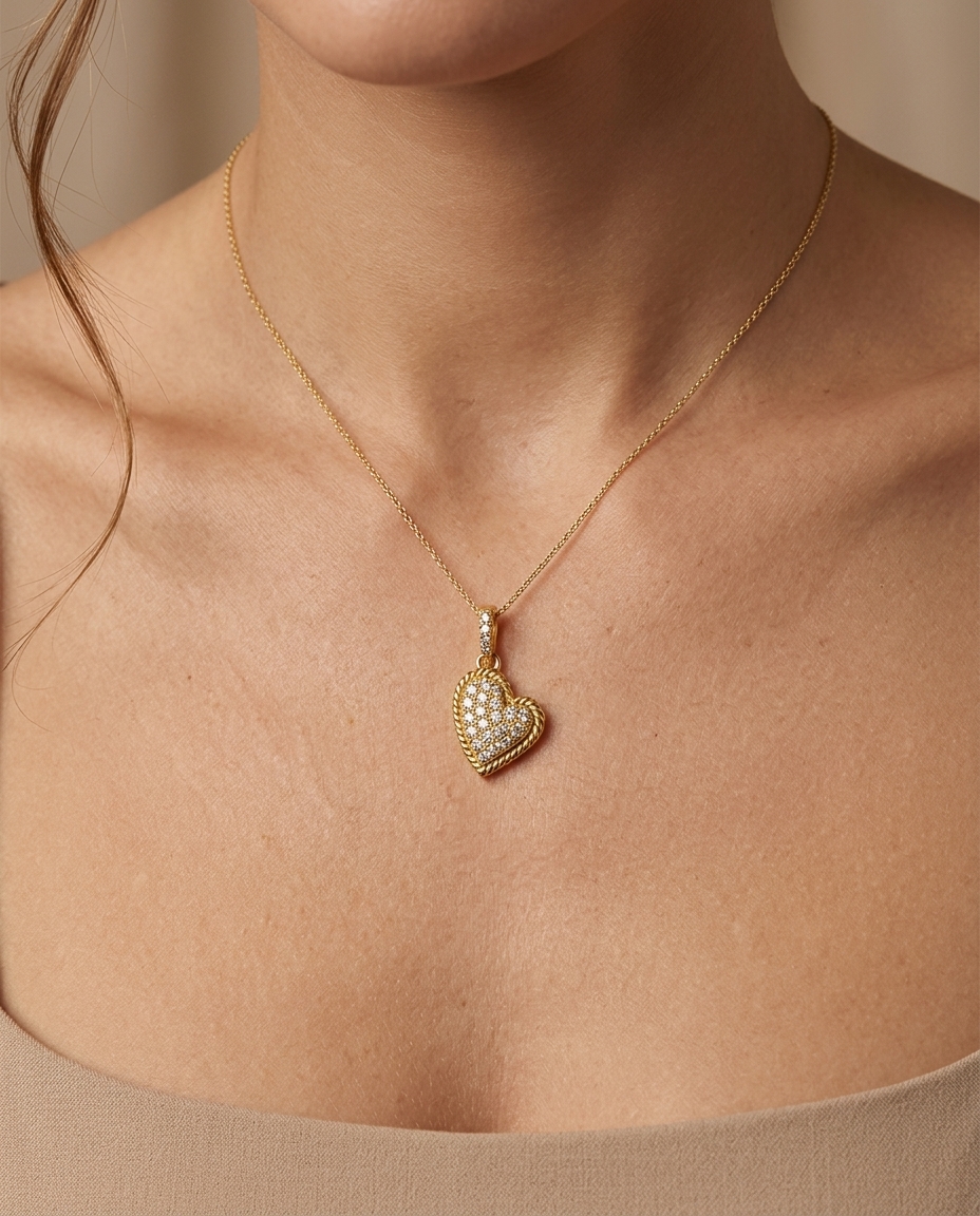 18KT Gold Heart Pendant with Diamonds on model