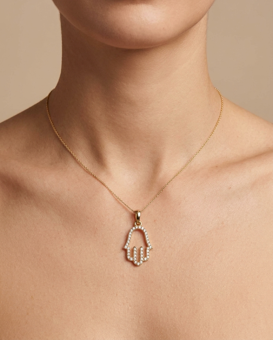18K Gold Diamond Hamsa Pendant on model