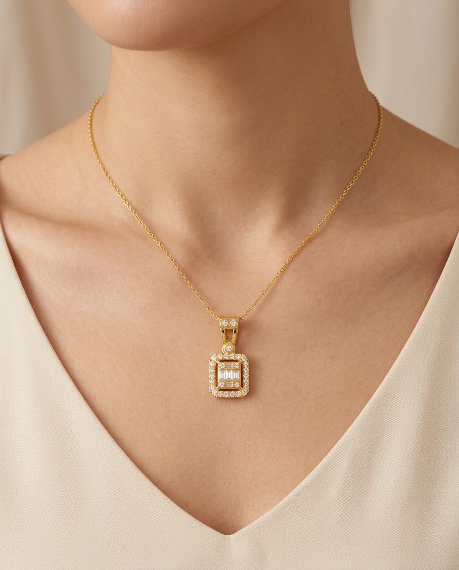 18K Gold Diamond Cushion Shape Pendant on model