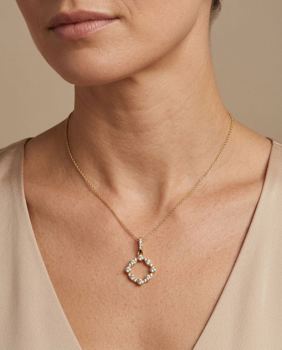 18K Gold Diamond Round Open Circle Pendant on model