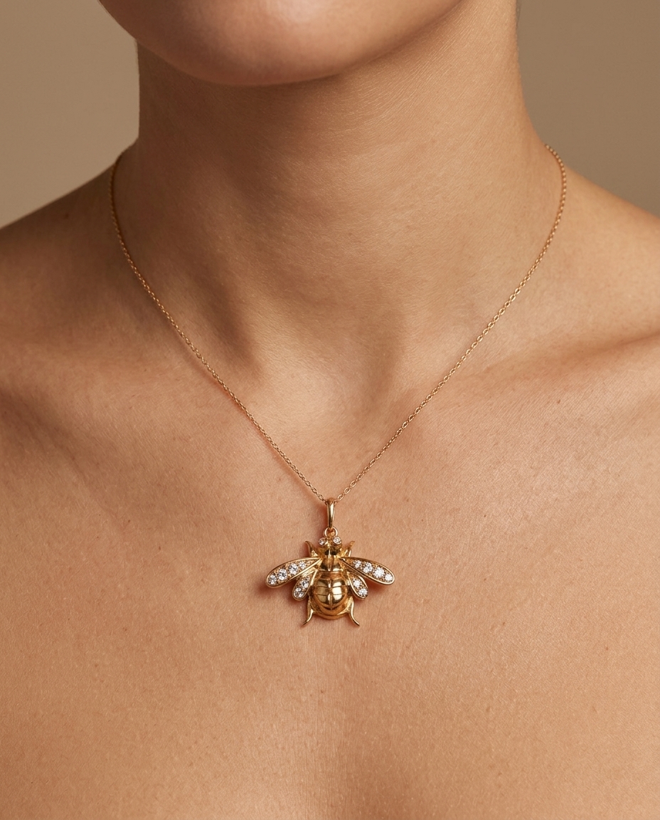 18KT Gold Butterfly Pendant with Diamonds on model