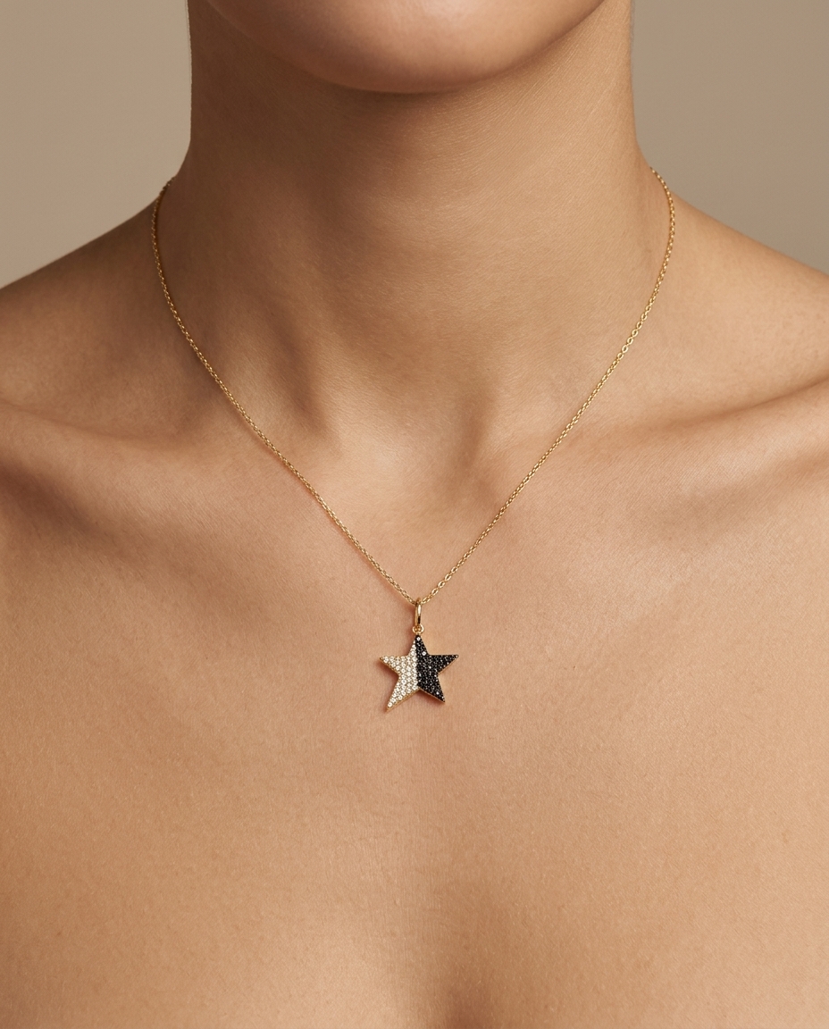 14KT Yellow Gold Star Black Diamond Pendant on model