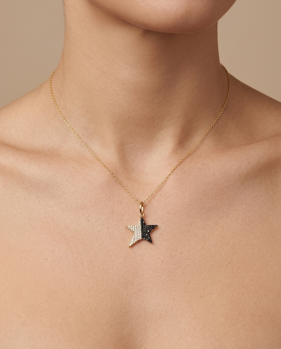14KT Yellow Gold Star Black Diamond Pendant on model