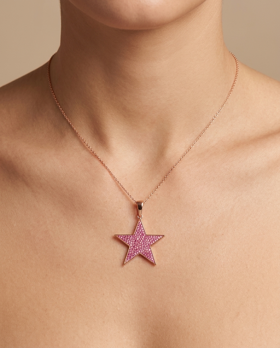 14KT Rose Gold Pink Sapphire Star Pendant on model