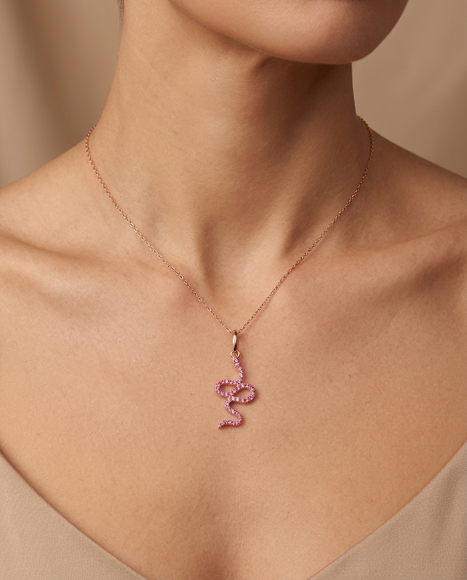 14KT Rose Gold Pink Sapphire Snake Pendant on model