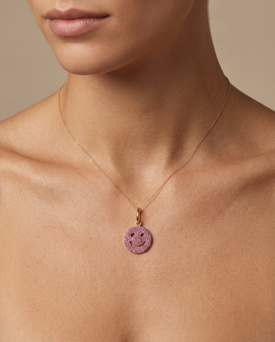 14KT Rose Gold Pink Sapphire Smile Pendant on model