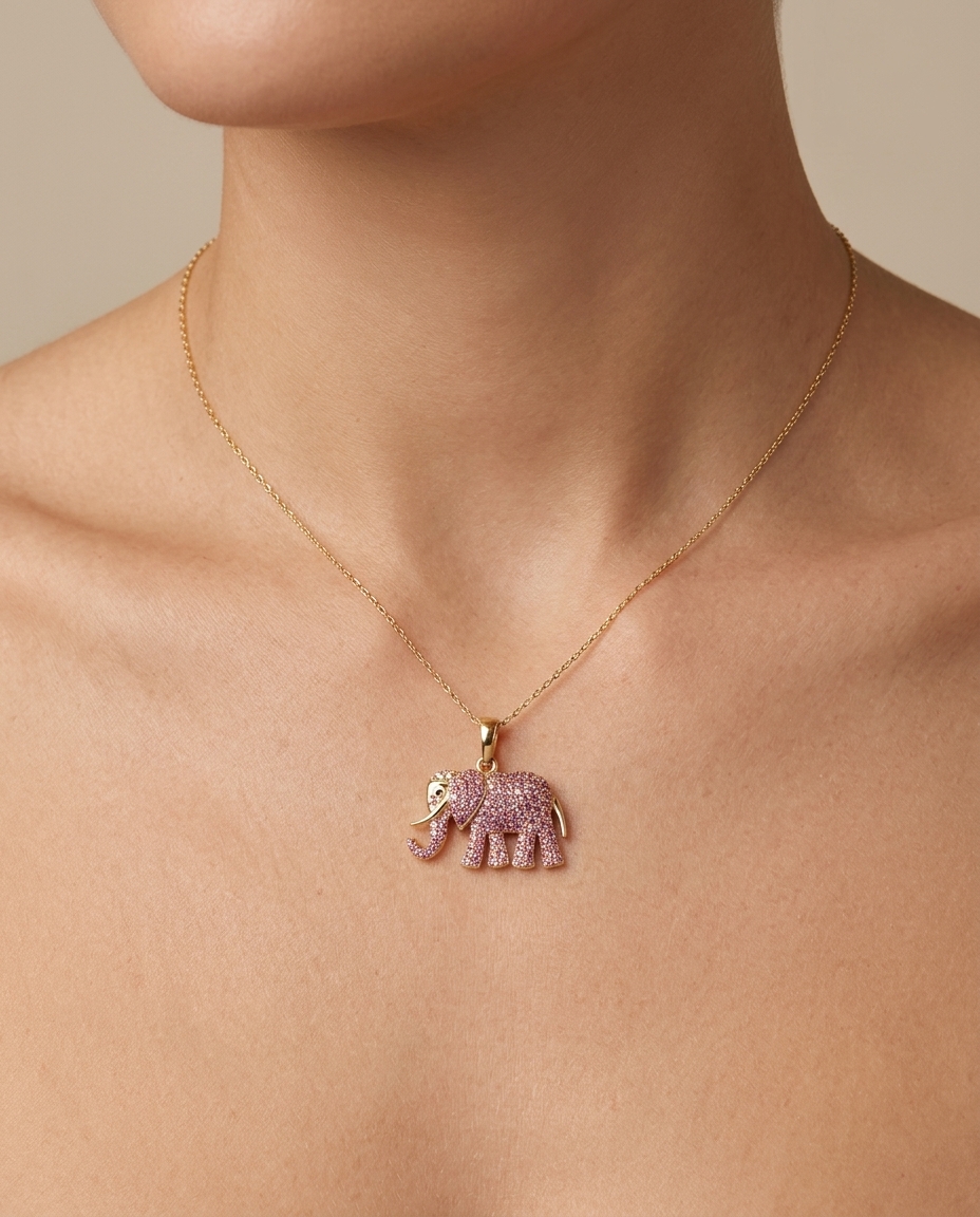 14KT Rose Gold Elephant Pendant with Pink Sapphire on model