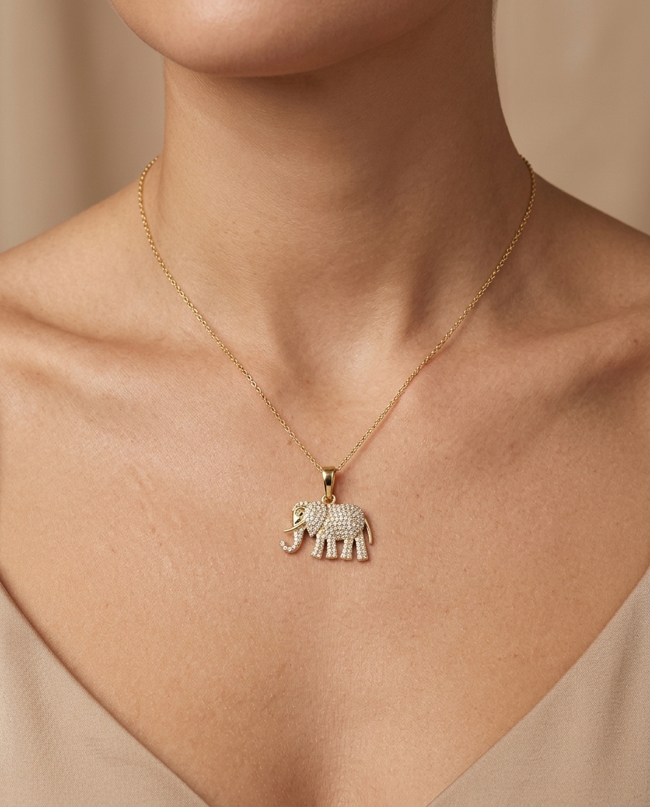 14KT Yellow Gold Elephant Pendant with Diamonds on model
