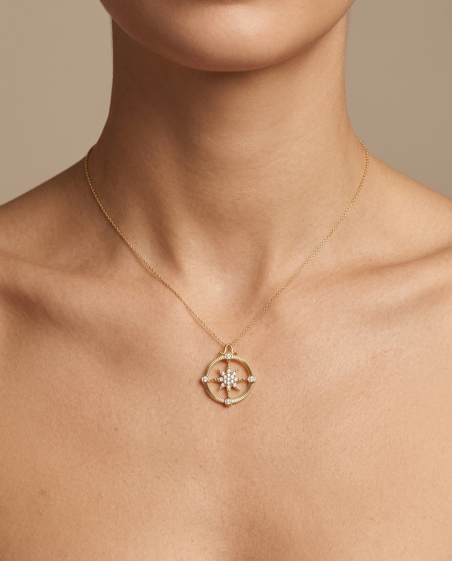 14KT Gold Star Diamond Pendant on model