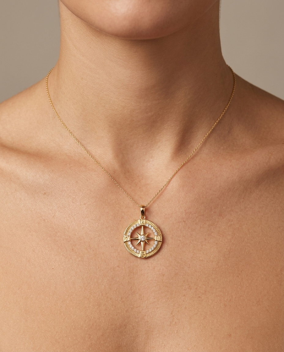 14KT Gold Compass in Circle Pendant with Diamonds on model