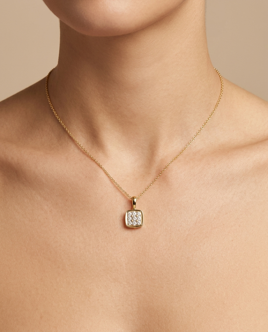 14KT Gold Diamonds in Square Pendant on model