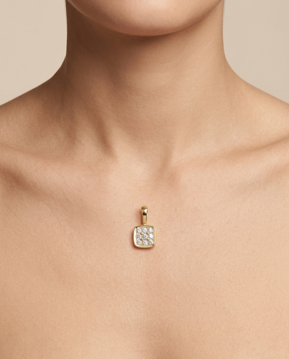 14KT Gold Diamonds in Square Pendant on model