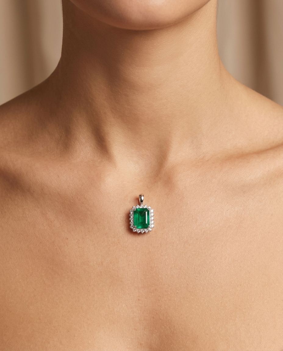 18KT White Gold Diamond and Emerald Pendent on model