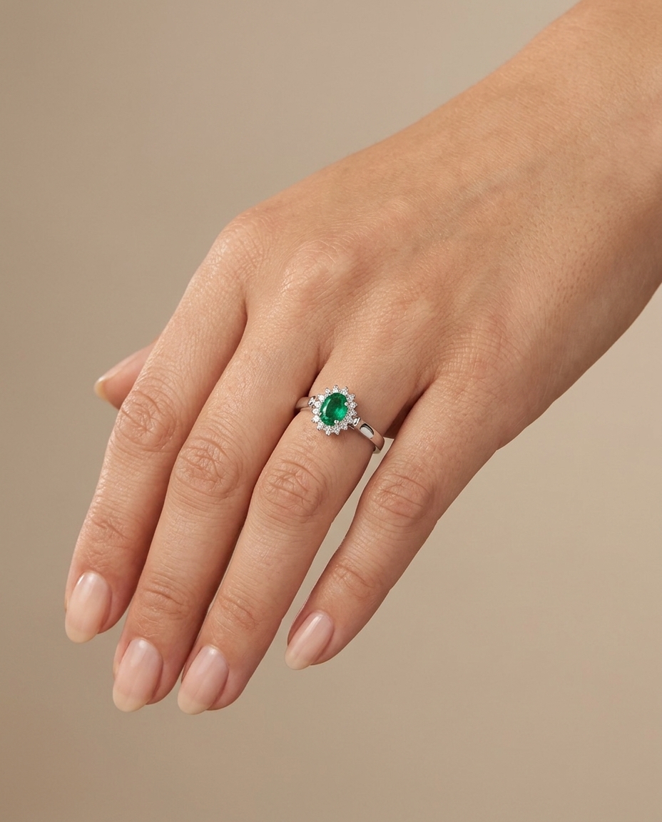 18KT White Gold Emerald and Diamonds Ring on model