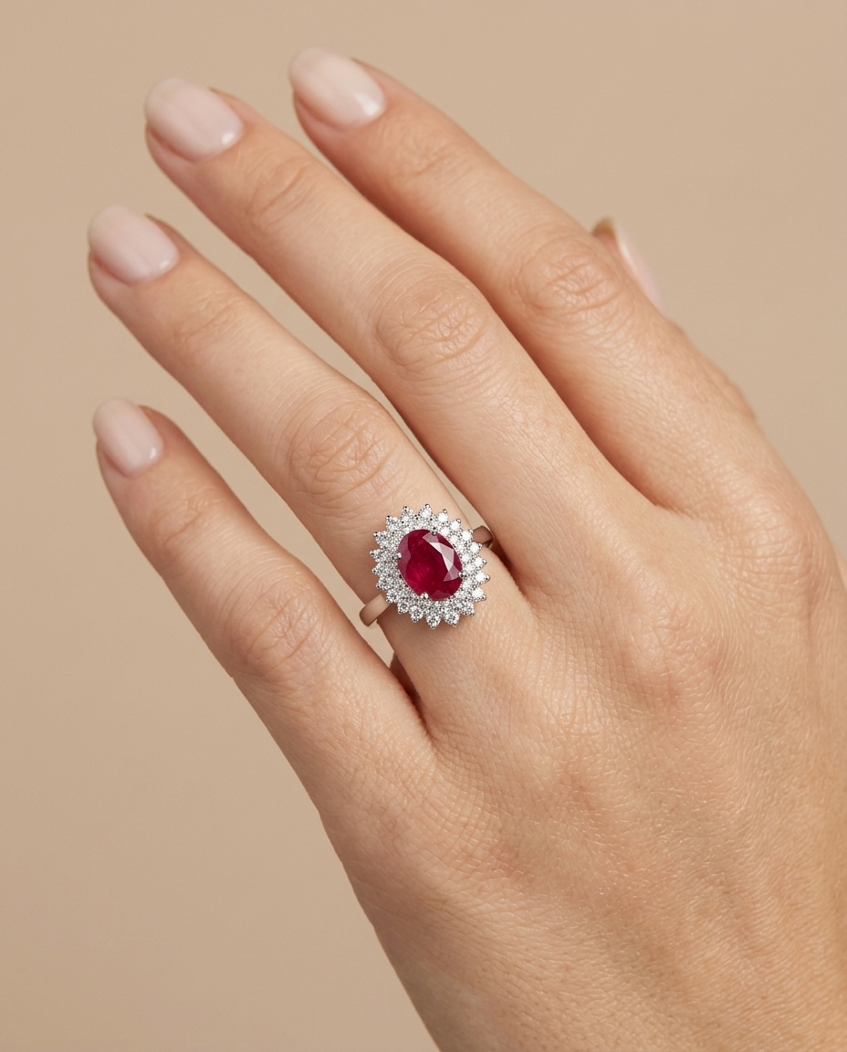 18KT White Gold Ruby and Diamonds Ring on model