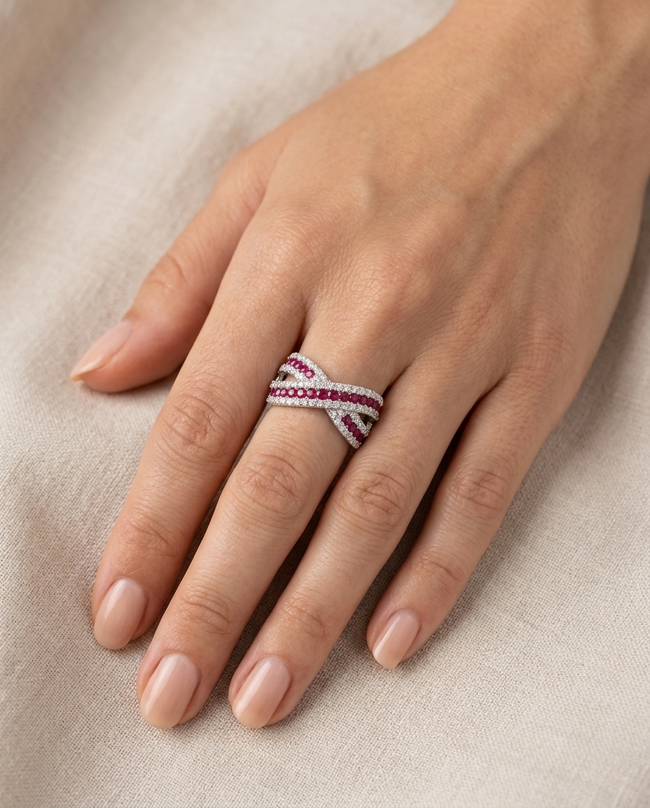 18KT White Gold Ruby and Diamonds Ring on model