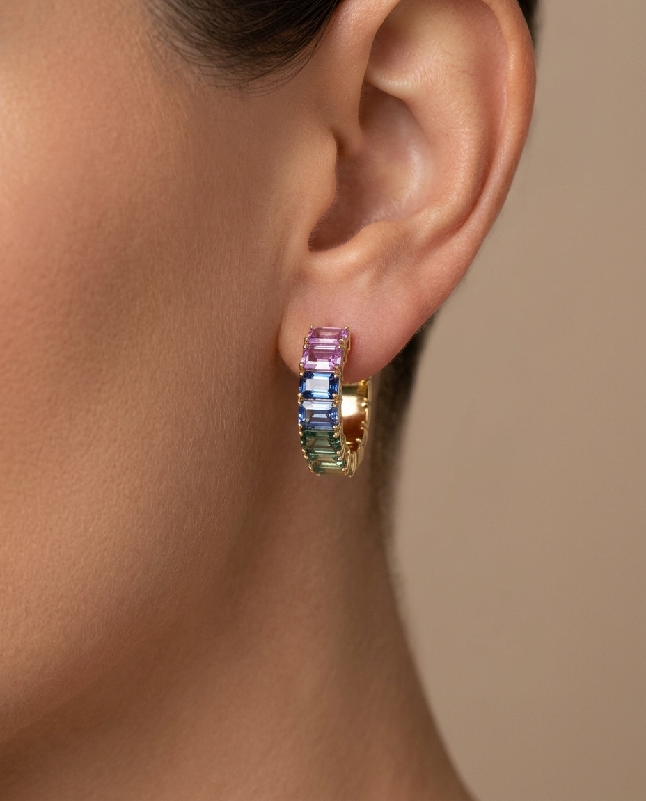 14KT Yellow Gold Multi Sapphire Hoop Earring view 2