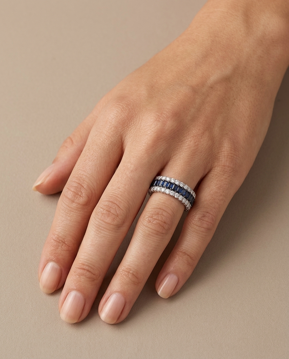 18KT White Gold Sapphire and Diamonds Ring on model