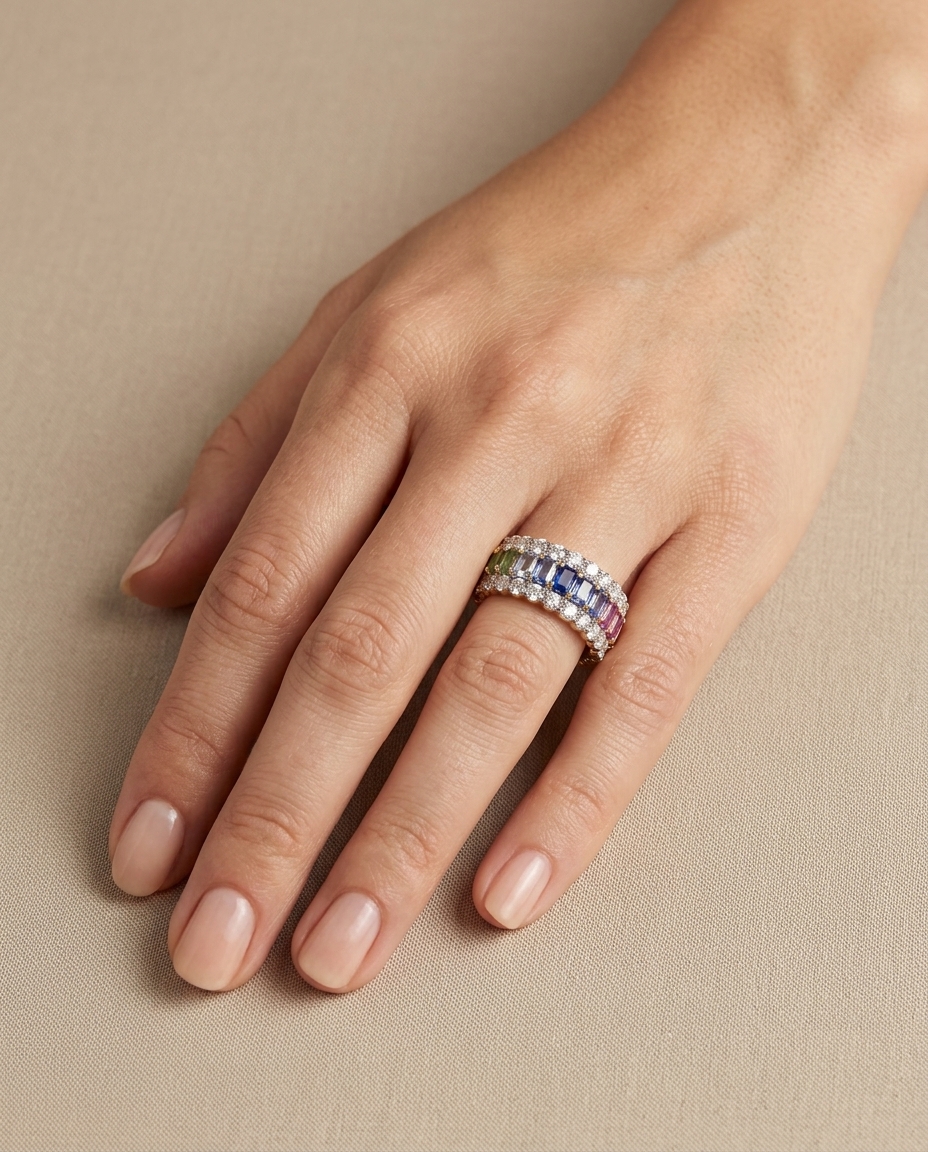 14KT Yellow Gold Multi Sapphire and Diamonds Ring on model