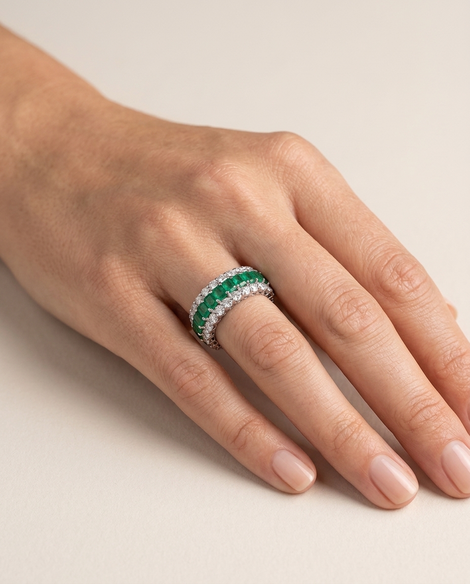 18KT White Gold Emerald Diamond Ring on model