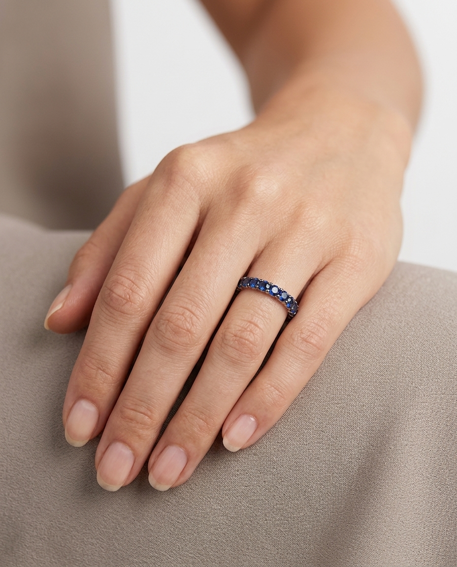 18KT White Gold Sapphire Ring on model