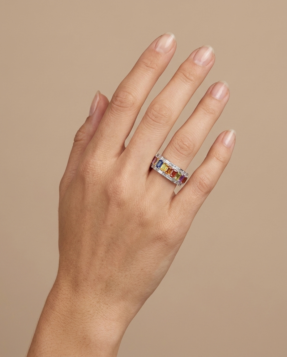 14KT White Gold Multi Sapphire and Diamonds Ring on model