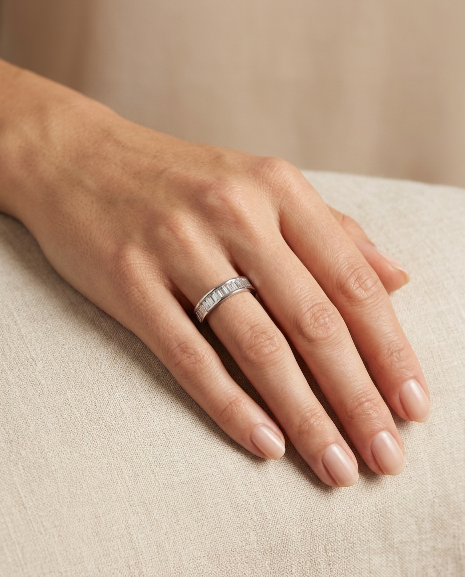 18KT White Gold Baguette Diamond Ring on model