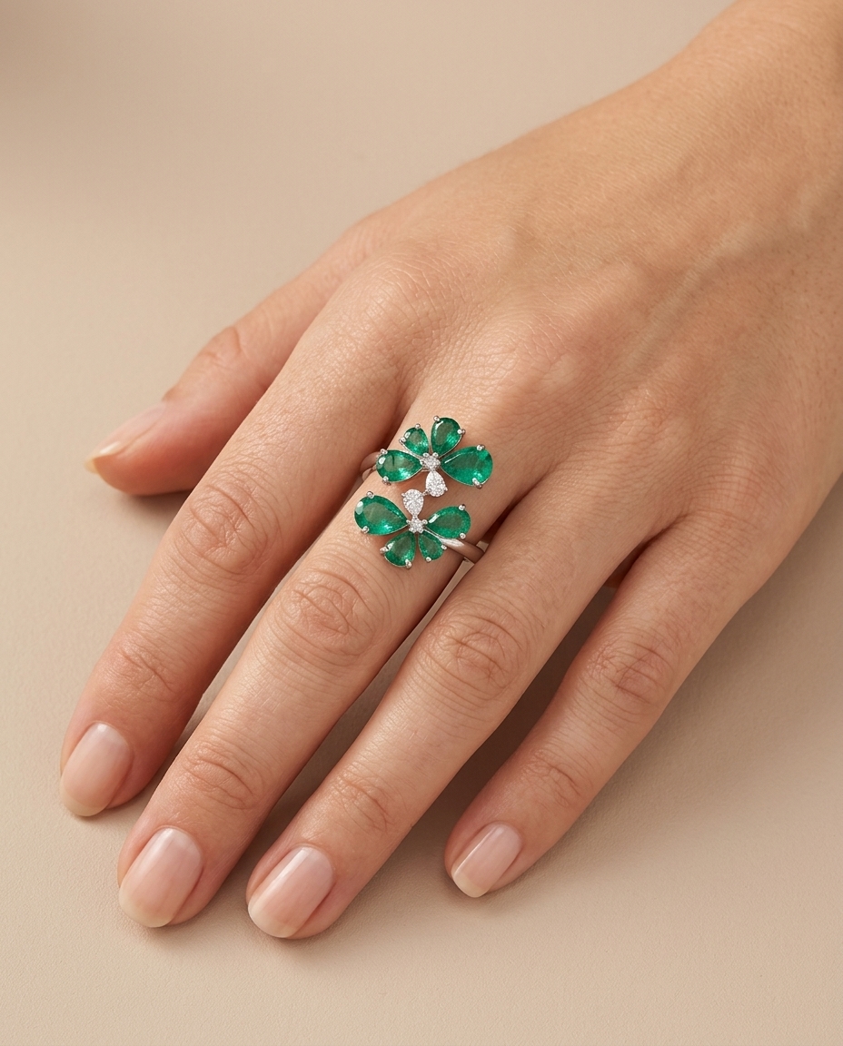 14KT White Gold Emerald and Diamonds Ring on model