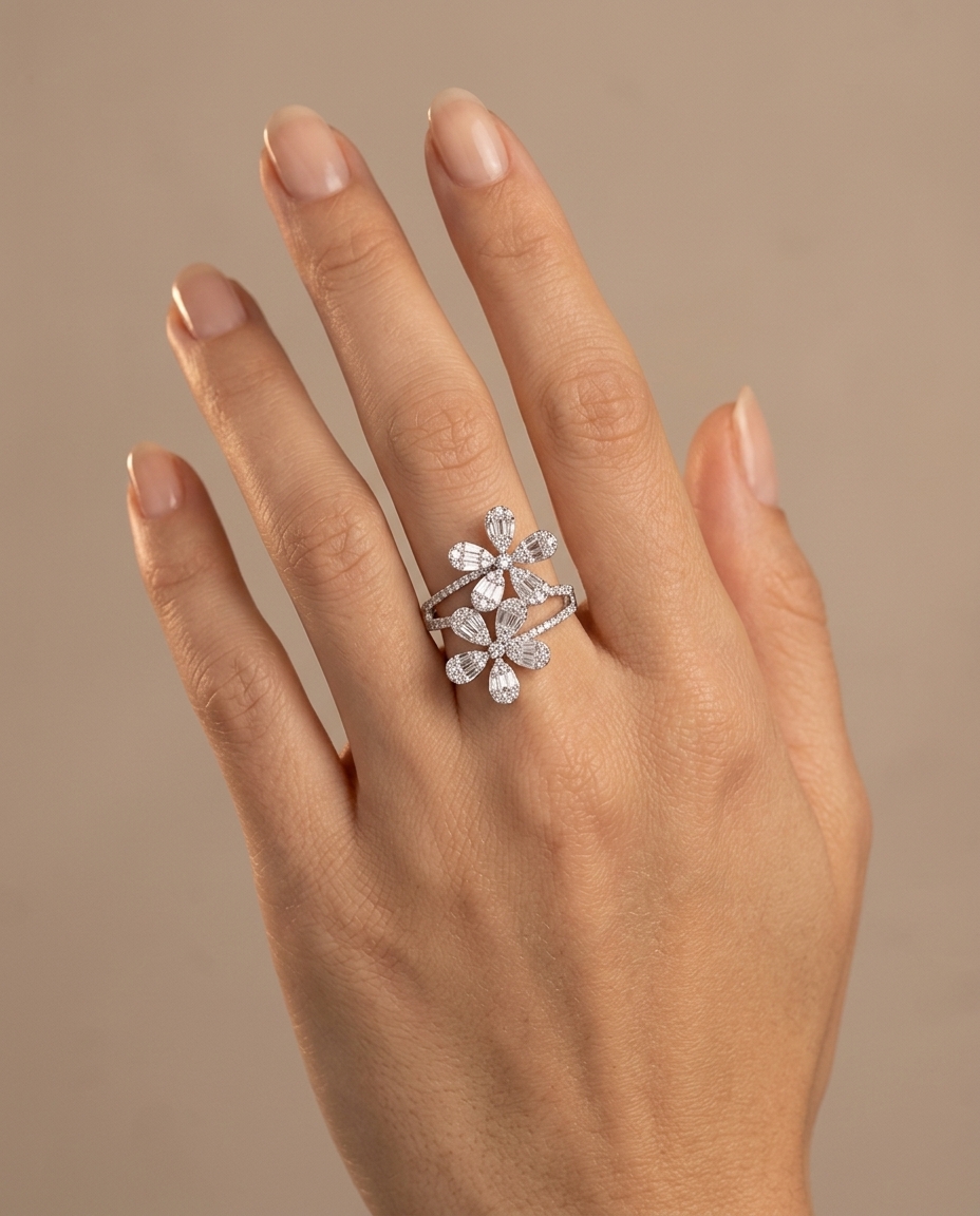 18KT White Gold Diamond Flower Ring on model