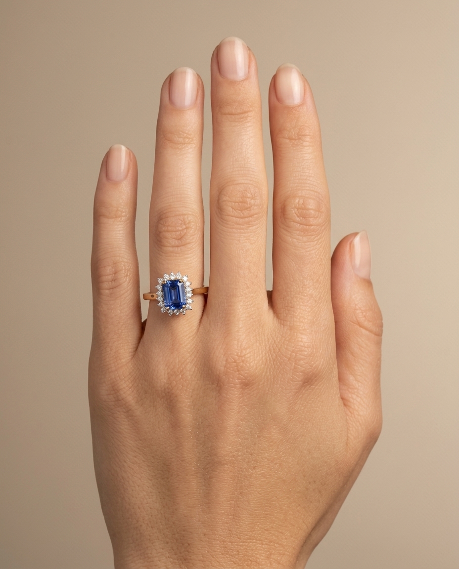 18KT Rose Gold Sapphire and Diamonds Ring on model